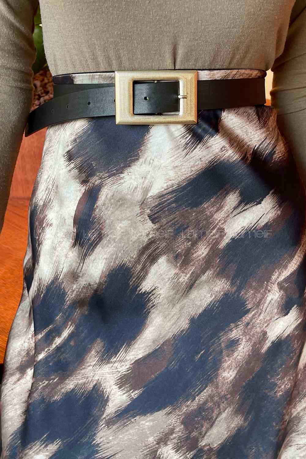 Lamelif Saten Pamuklu Desenli Etek  Vizonrengi Siyah