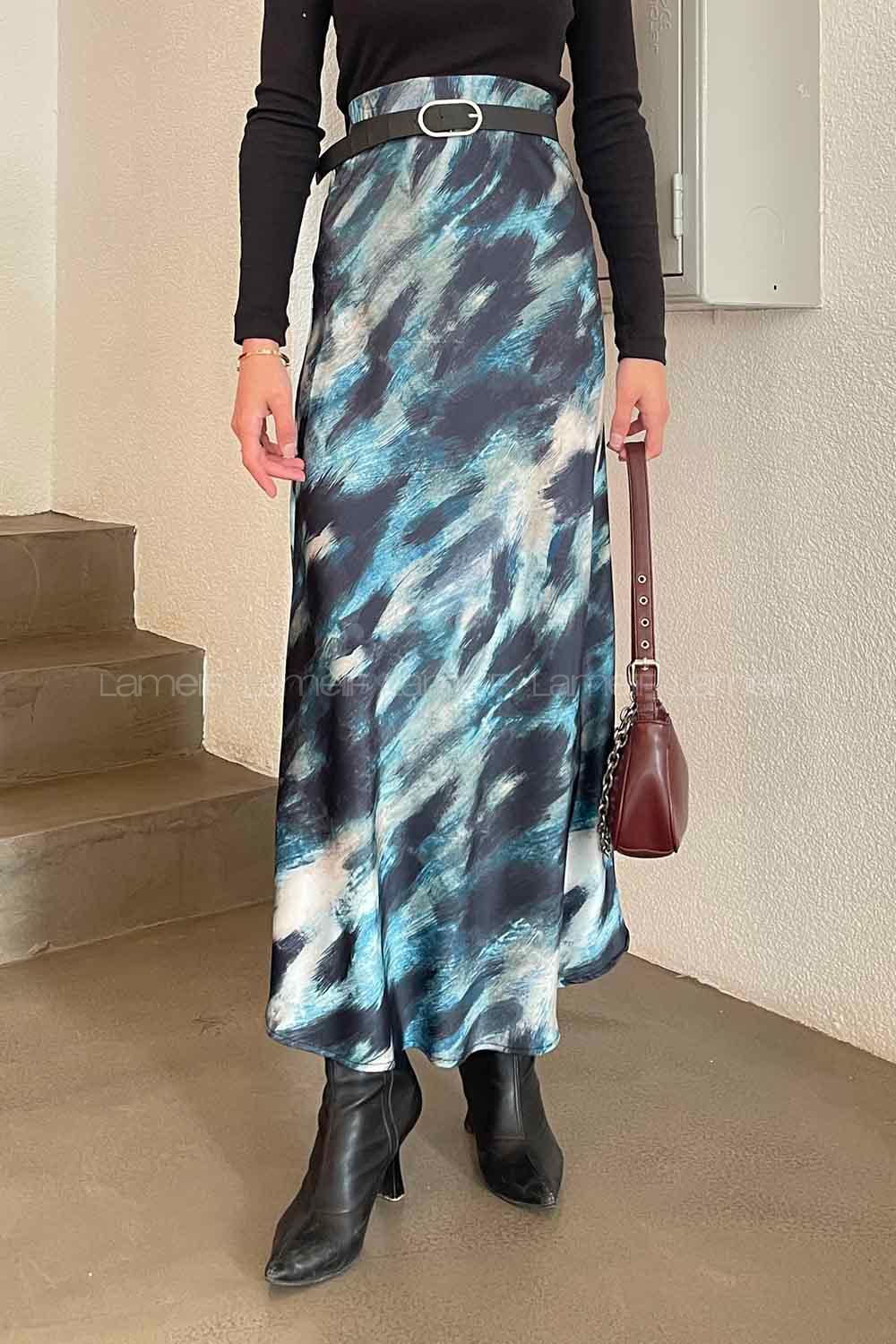 Lamelif Saten Pamuklu Leopar Etek Yeşil