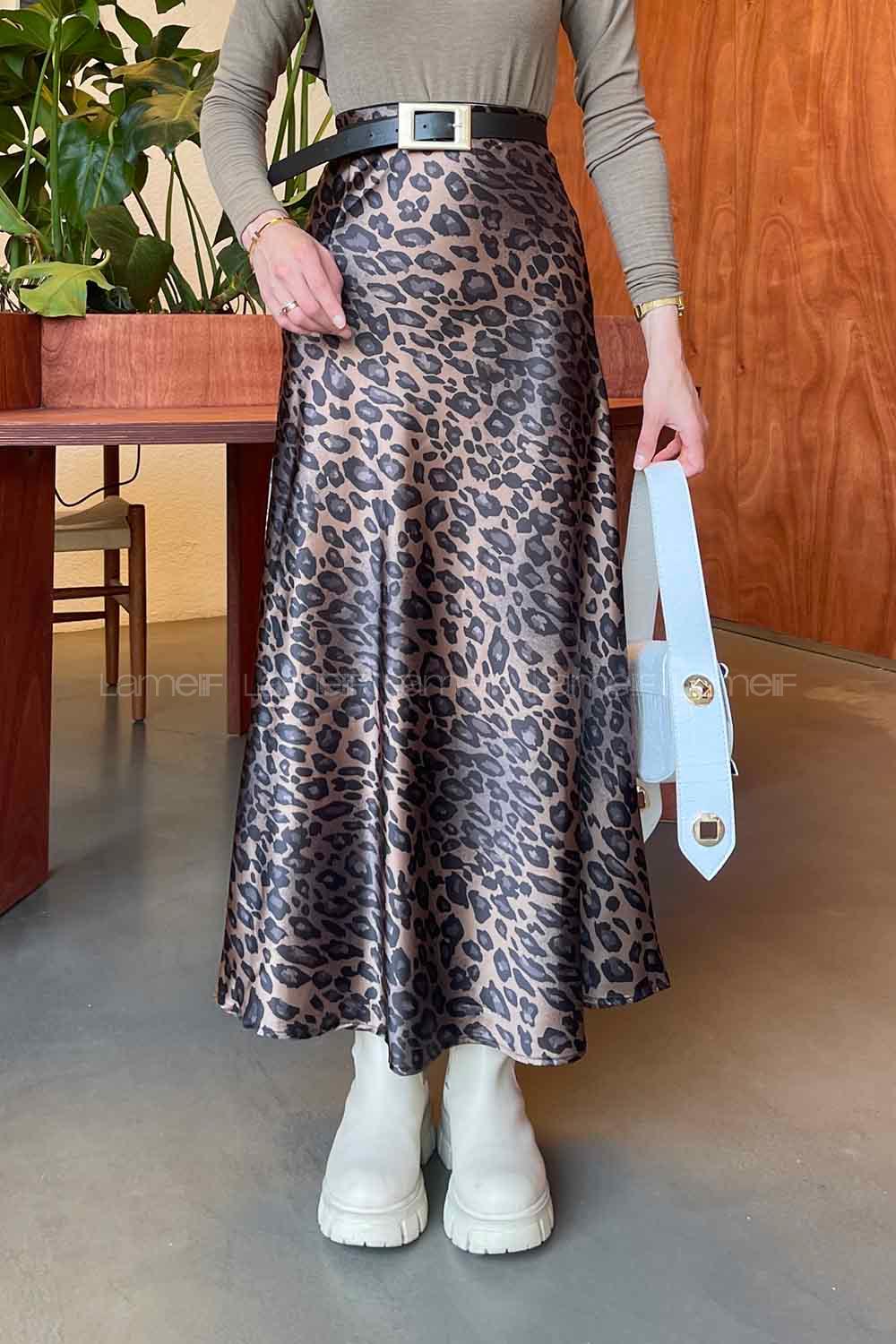 Lamelif Saten Pamuklu Leopar Etek Siyah Kahverengi