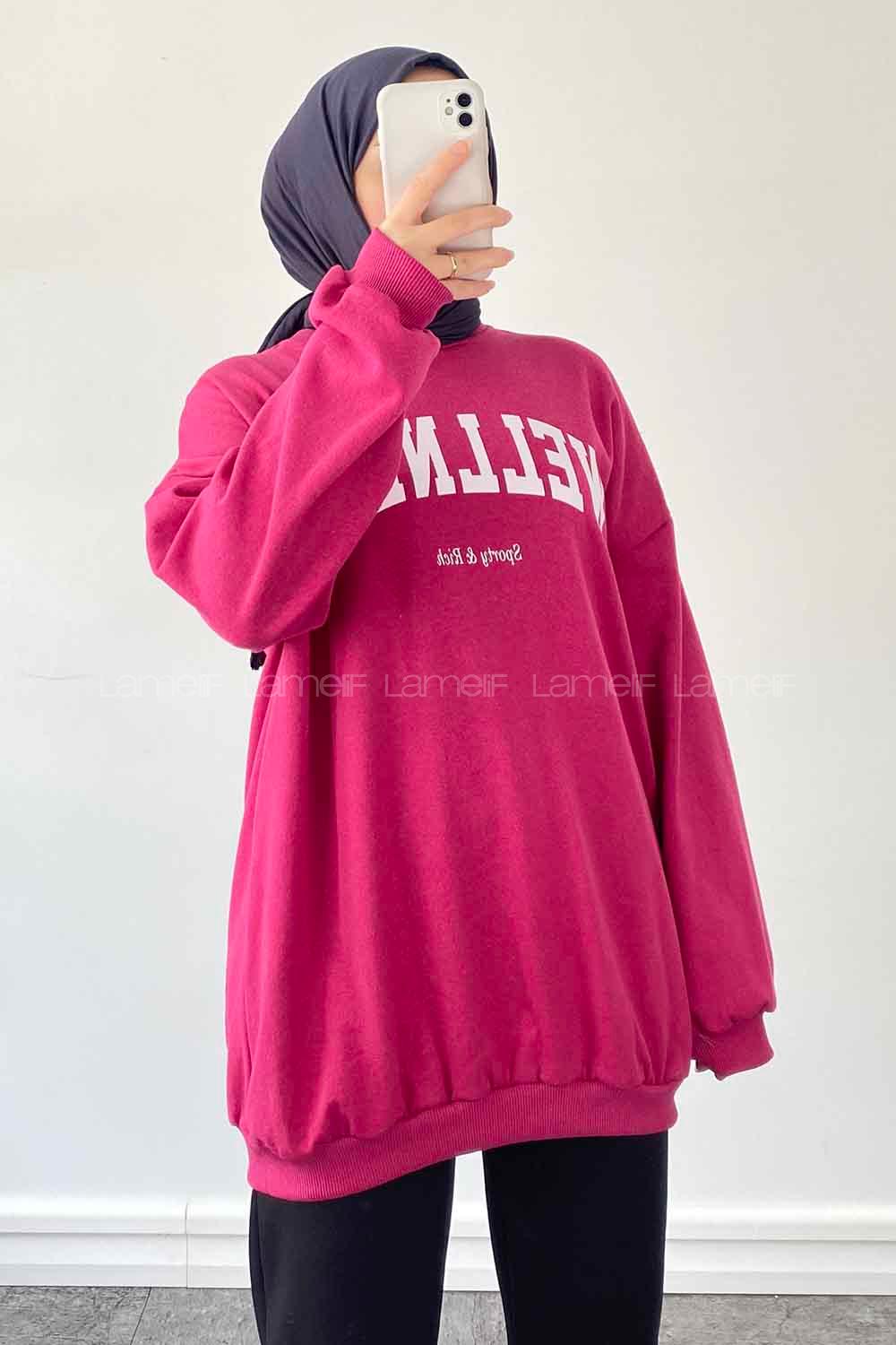 Fuchsia Medium Crew Neck Long Arm Printed Sweatshirt