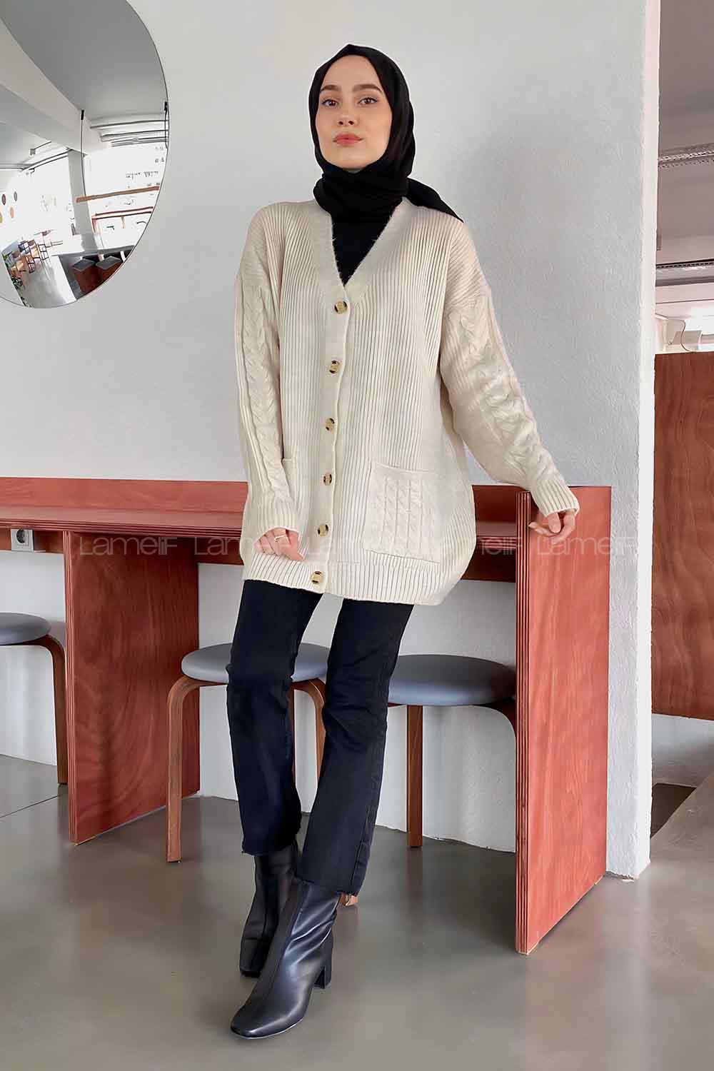 Lamelif Kol Örgü Detaylı Hırka Bej