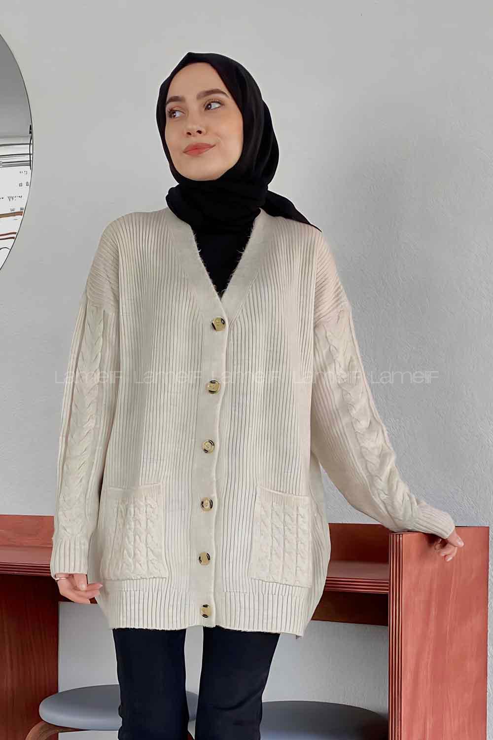 Lamelif Kol Örgü Detaylı Hırka Bej