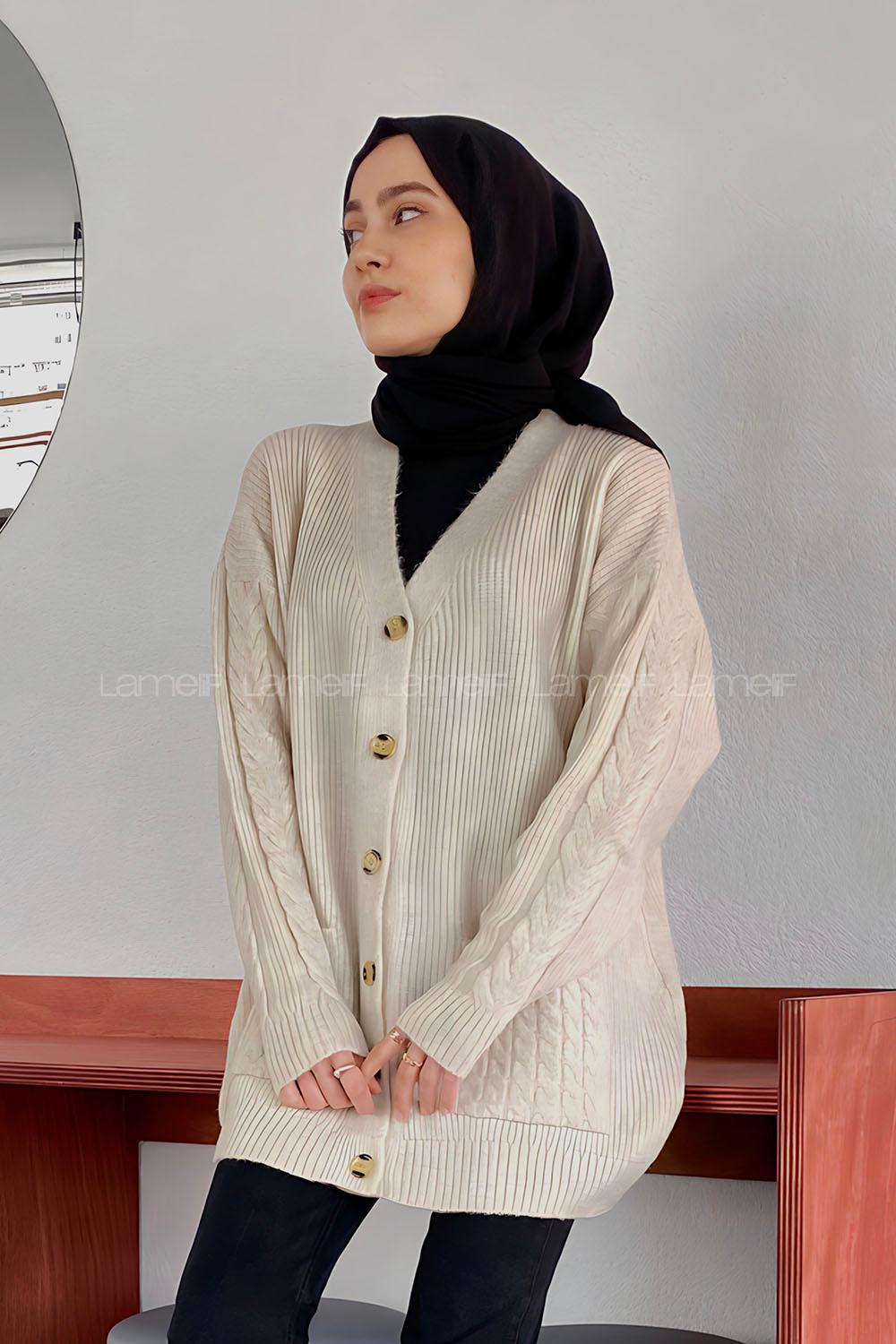 Lamelif Kol Örgü Detaylı Hırka Bej