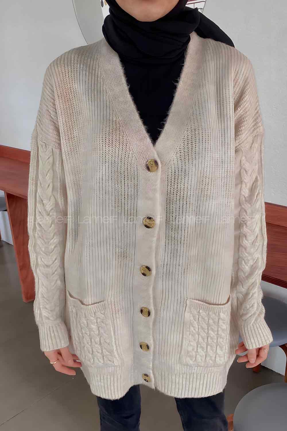 Lamelif Kol Örgü Detaylı Hırka Bej
