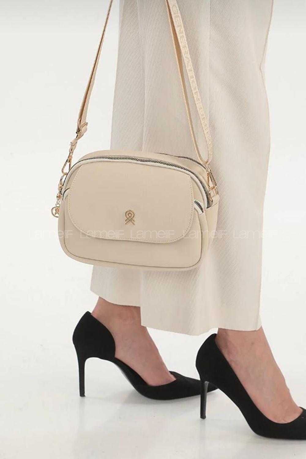 Lamelif Üç Bölmeli Buzzy Kumaş Kadın Omuz Çantası Krem