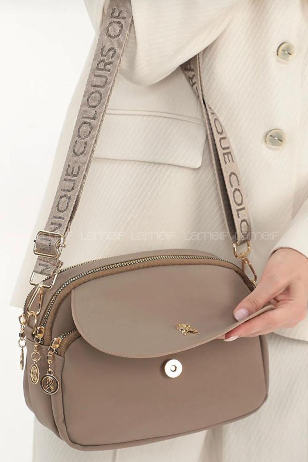 Lamelif Üç Bölmeli Buzzy Kumaş Kadın Omuz Çantası Vizonrengi