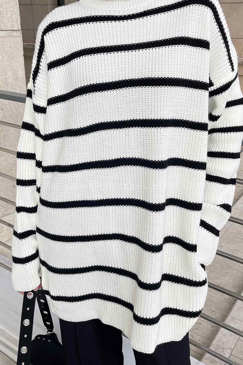 Lamelif Cermen Çizgili Bisiklet Yaka Kazak Beyaz