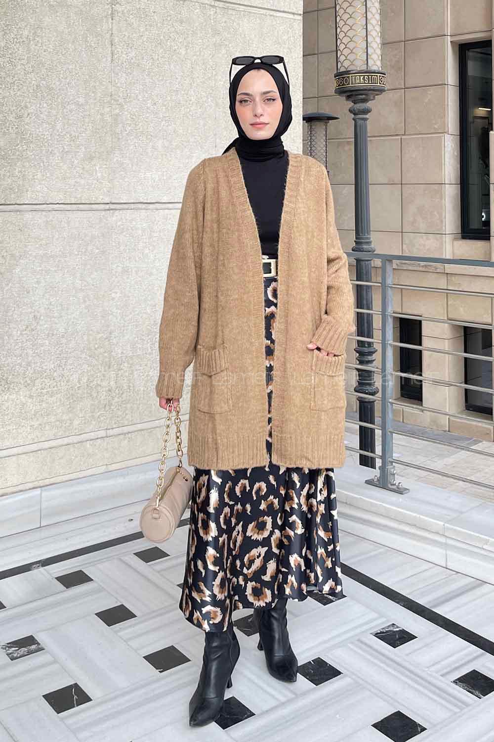 Lamelif Çift Cep Triko Hırka Vizonrengi