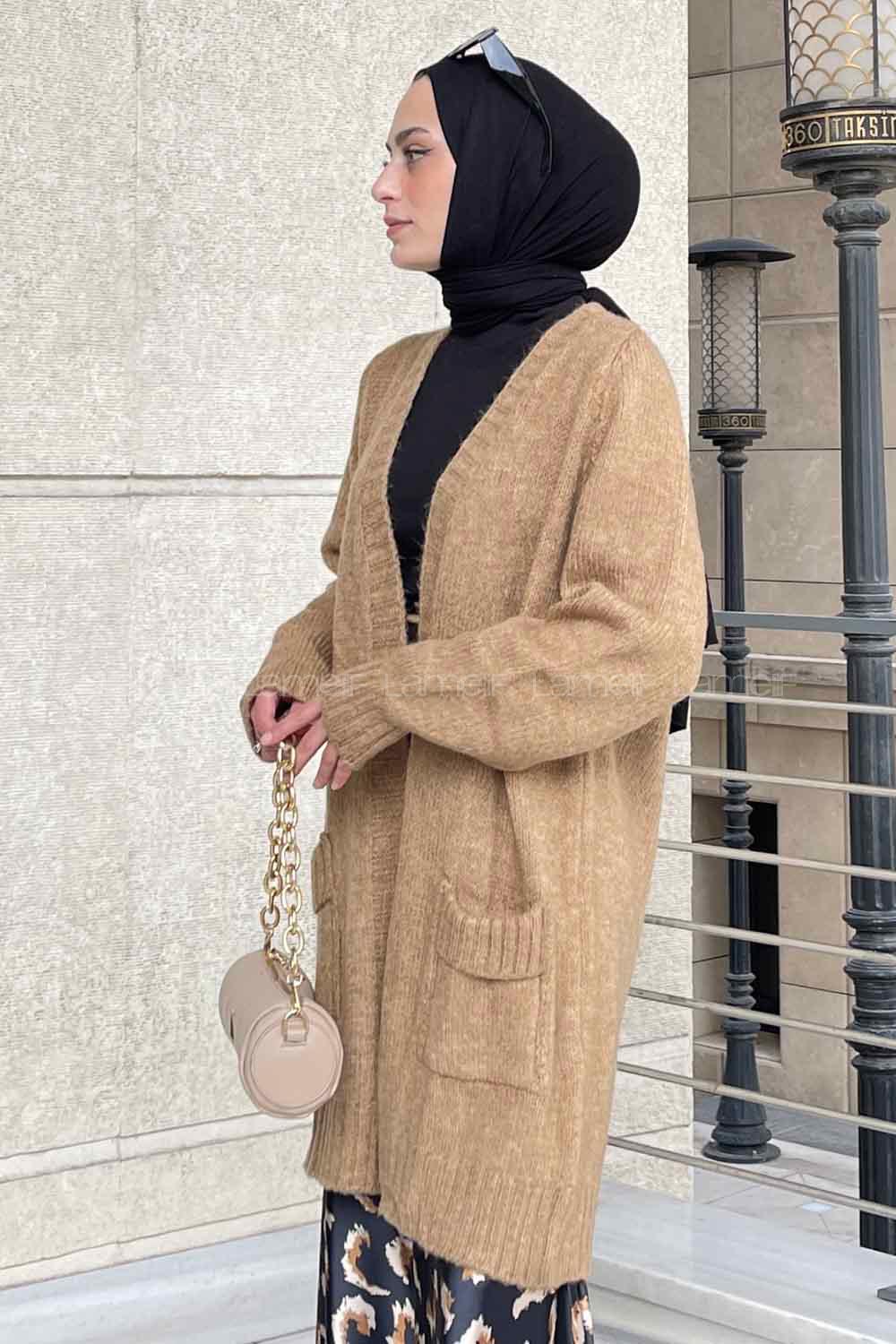 Lamelif Çift Cep Triko Hırka Vizonrengi