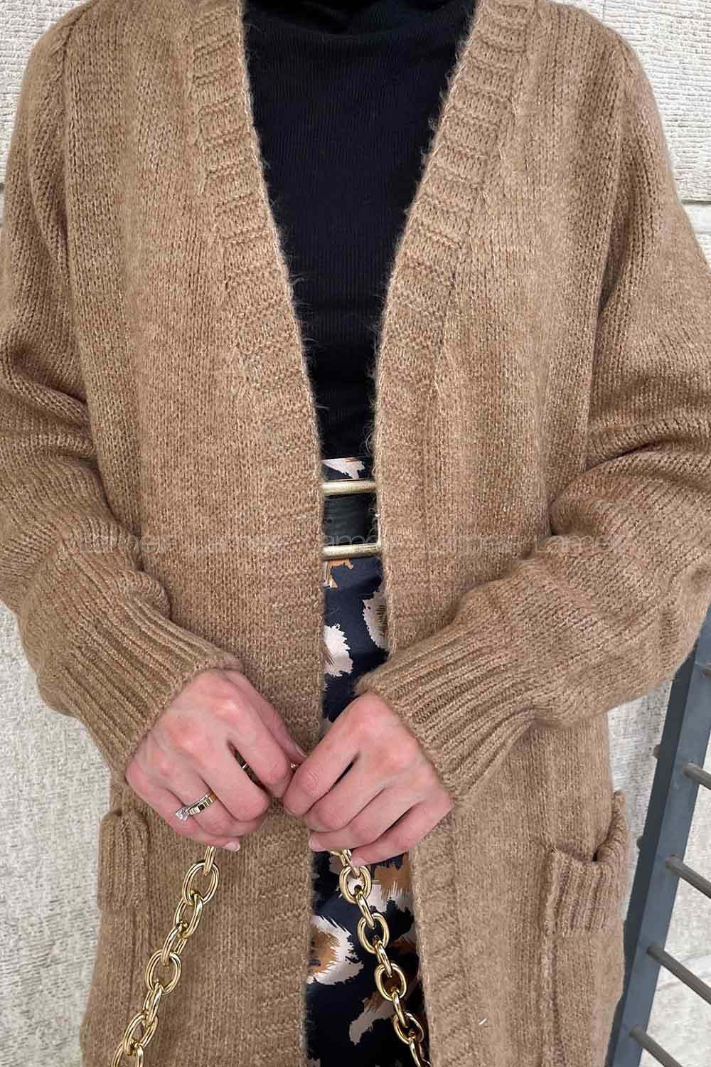 Lamelif Çift Cep Triko Hırka Vizonrengi