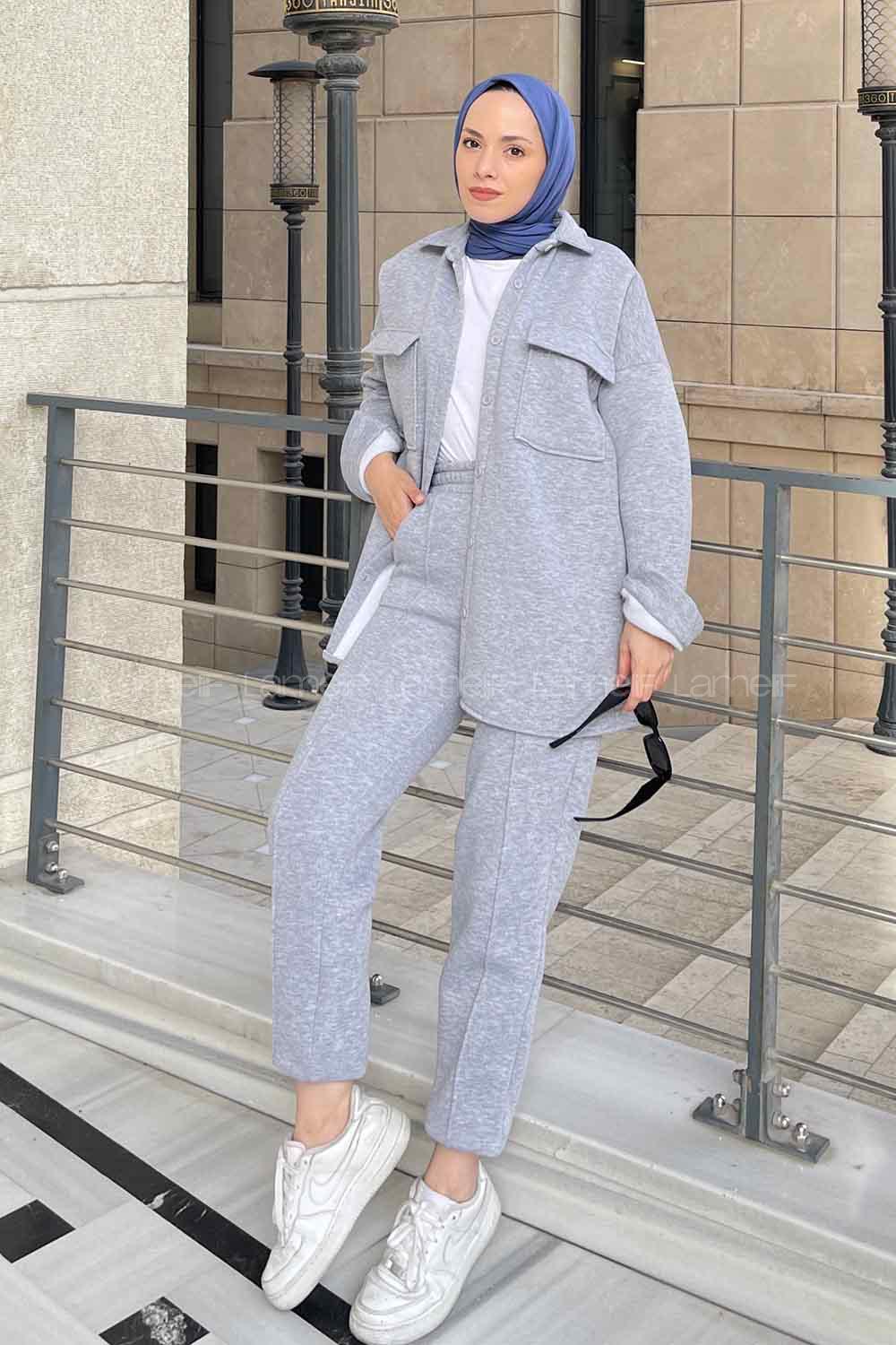 Gray Shirt Collar Long Arm Wool Cotton Fabric Elastic Trousers Comfortable Suit