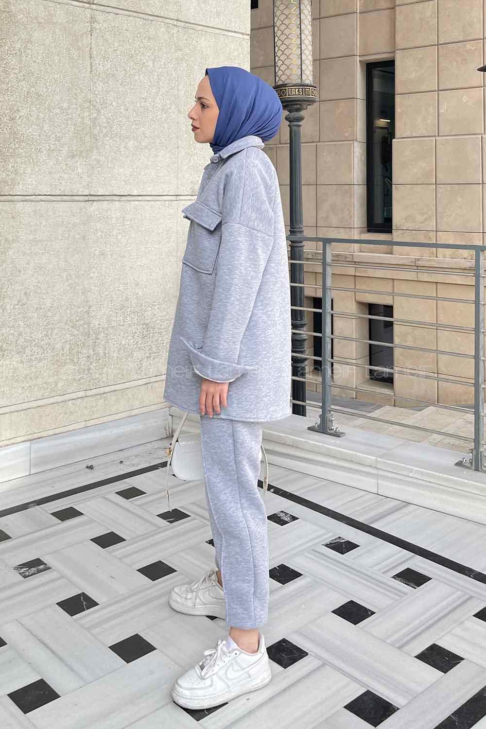 Gray Shirt Collar Long Arm Wool Cotton Fabric Elastic Trousers Comfortable Suit
