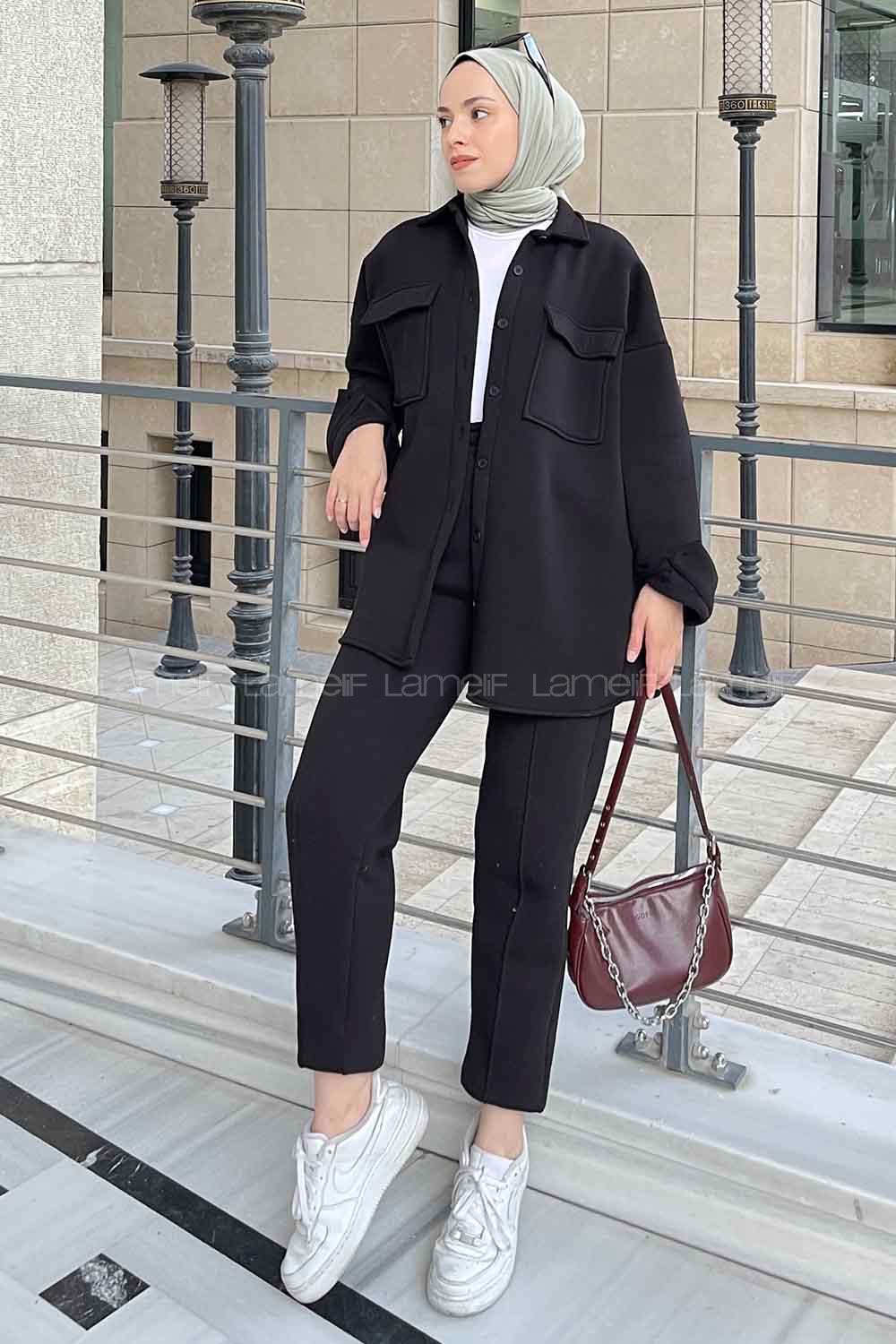 Black Shirt Collar Long Arm Wool Cotton Fabric Elastic Trousers Comfortable Suit