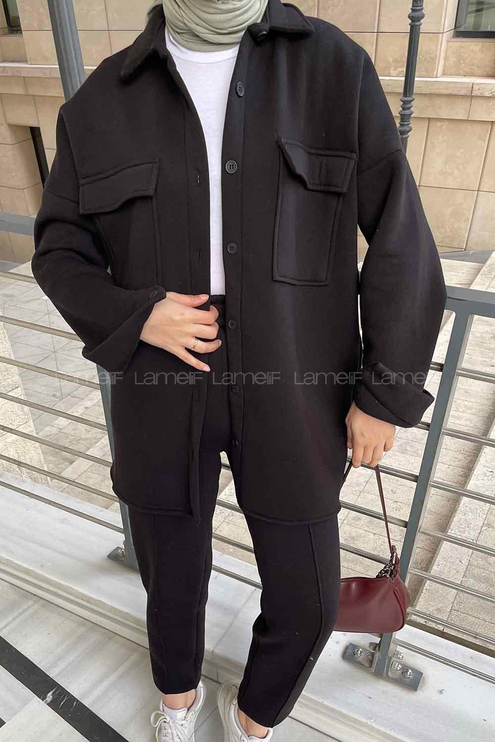 Black Shirt Collar Long Arm Wool Cotton Fabric Elastic Trousers Comfortable Suit