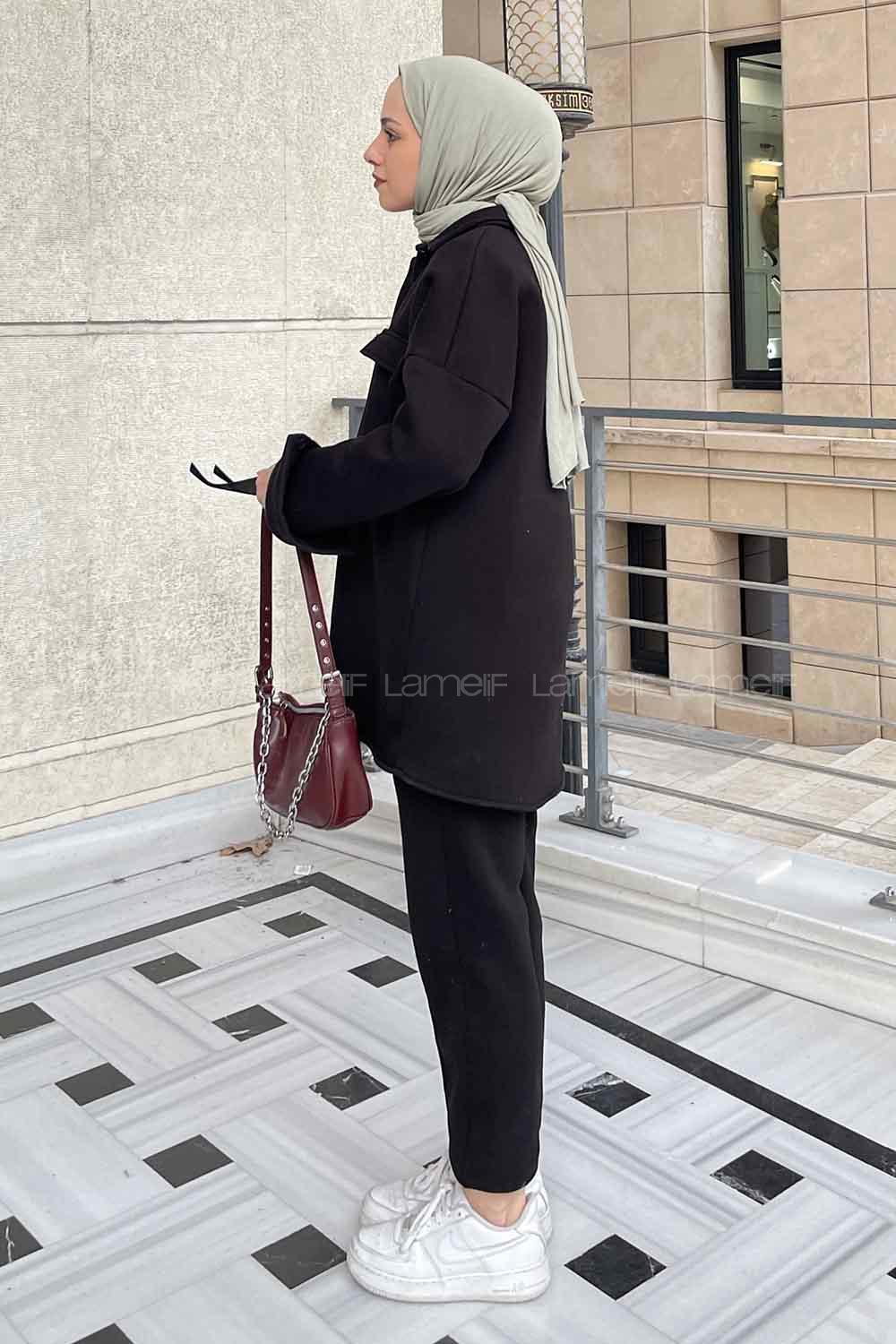 Black Shirt Collar Long Arm Wool Cotton Fabric Elastic Trousers Comfortable Suit