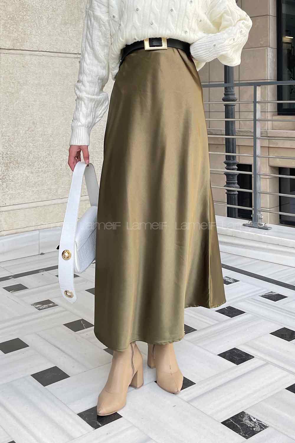 Lamelif Düz Saten Çan Etek  Haki