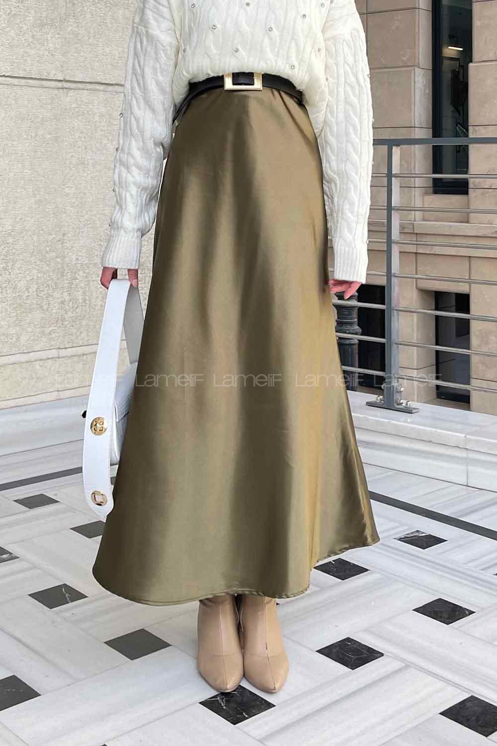 Lamelif Düz Saten Çan Etek  Haki