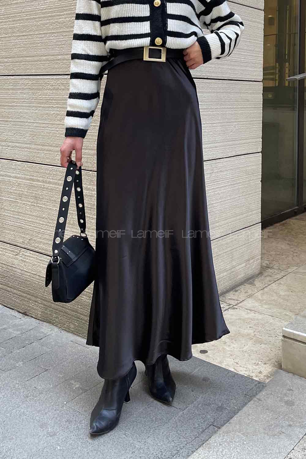 Lamelif Düz Saten Çan Etek Siyah