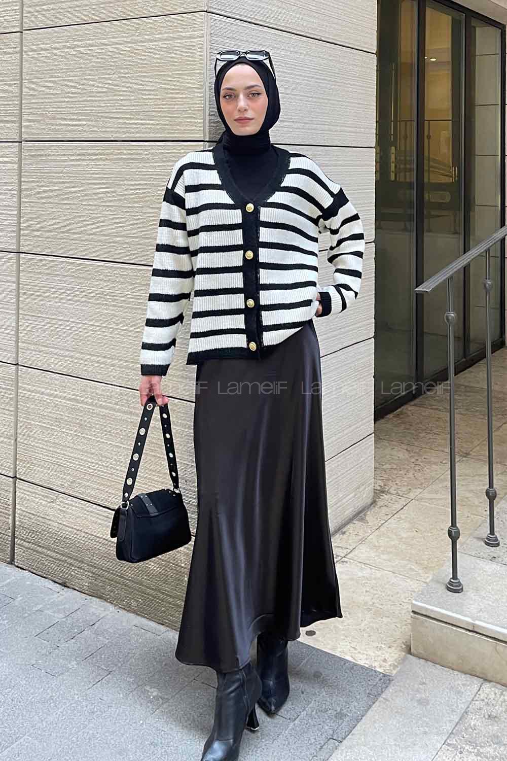 Lamelif  Kalın Çizgili Yumoş Hırka Beyaz -Siyah