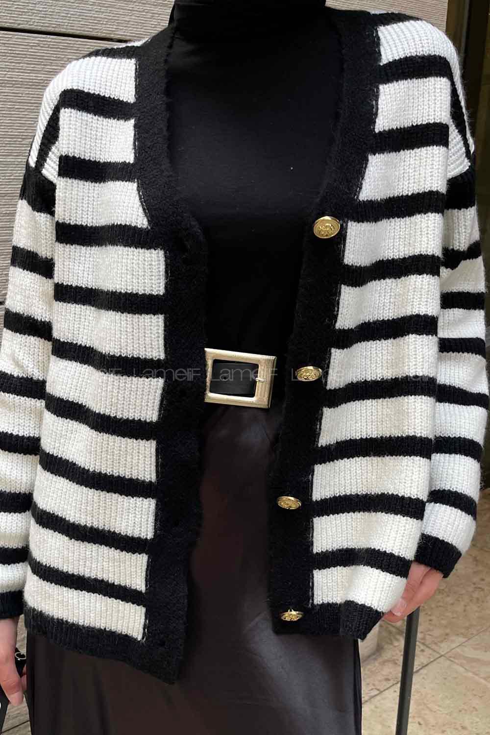 Lamelif  Kalın Çizgili Yumoş Hırka Beyaz -Siyah