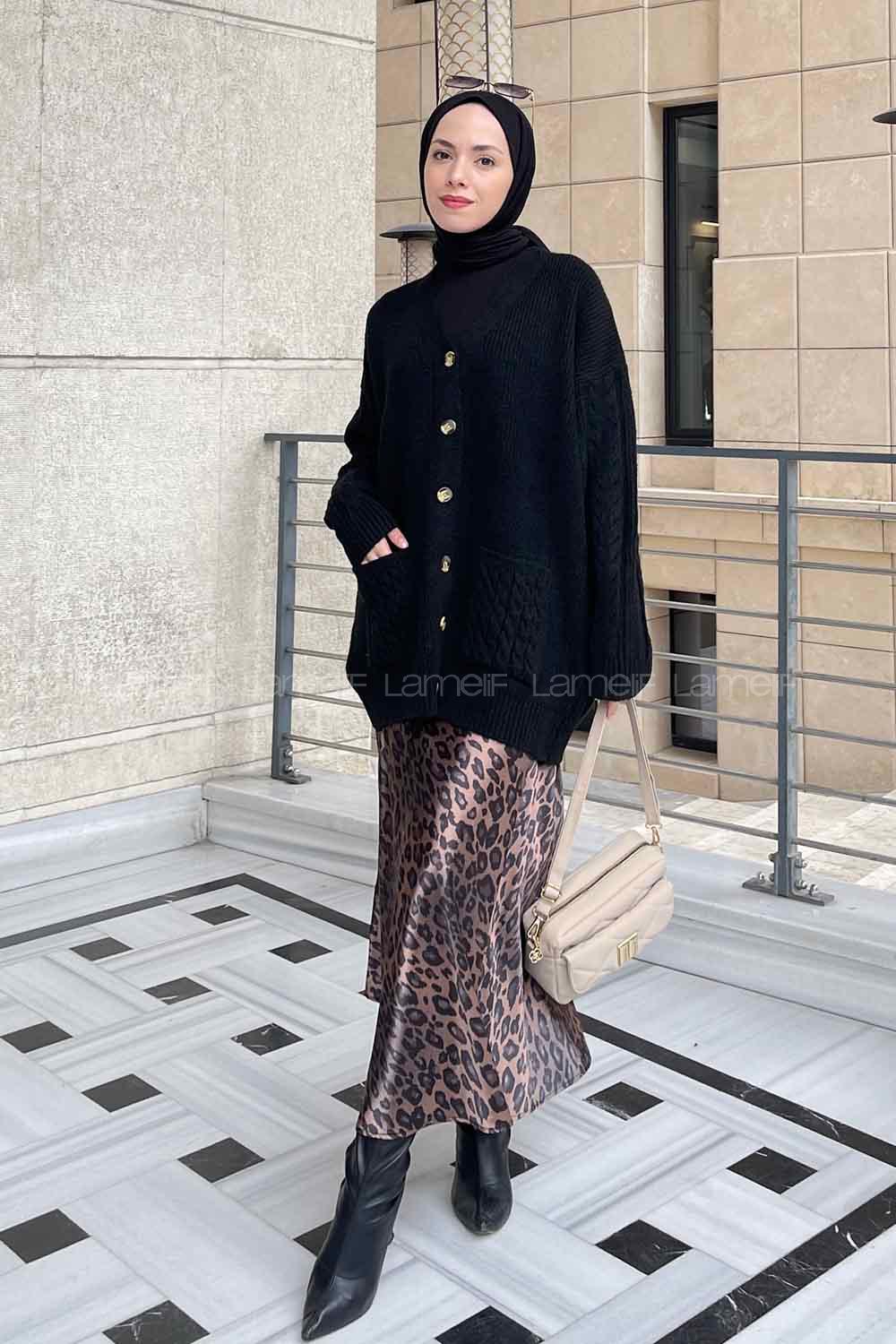 Lamelif Kol Örgü Detaylı Hırka Siyah