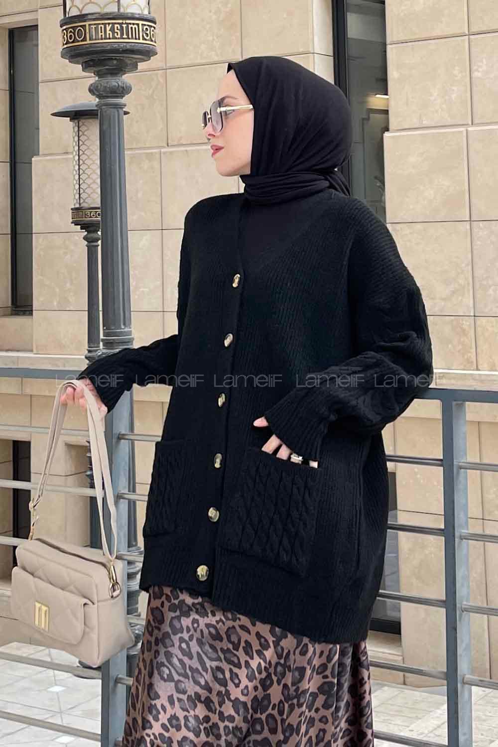 Lamelif Kol Örgü Detaylı Hırka Siyah