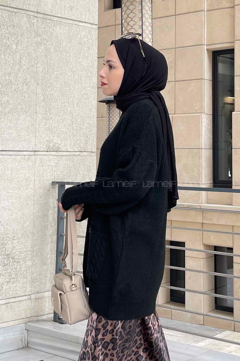 Lamelif Kol Örgü Detaylı Hırka Siyah