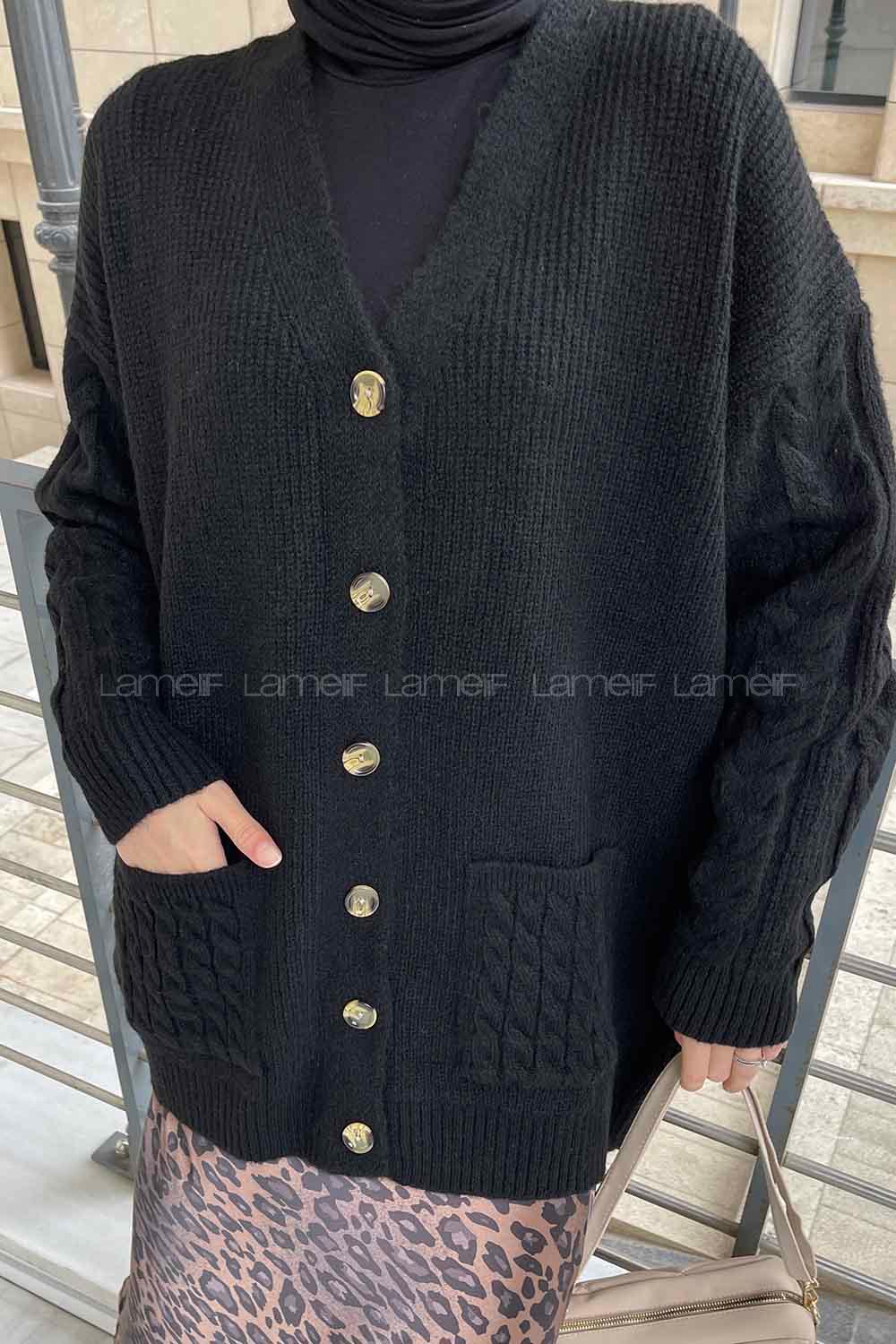 Lamelif Kol Örgü Detaylı Hırka Siyah