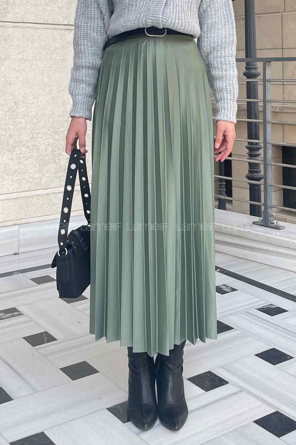 Plum Green Cotton Unprinted Pleated Skirt