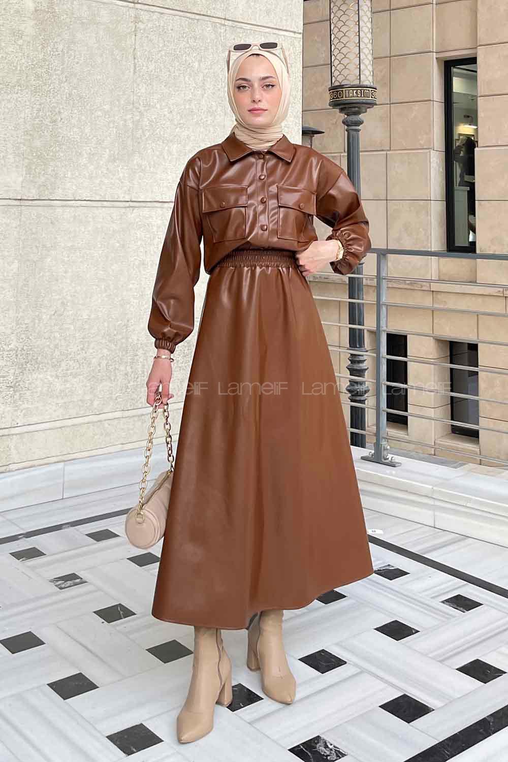 Brown Shirt Collar Long Arm Faux Leather Skirt Suit