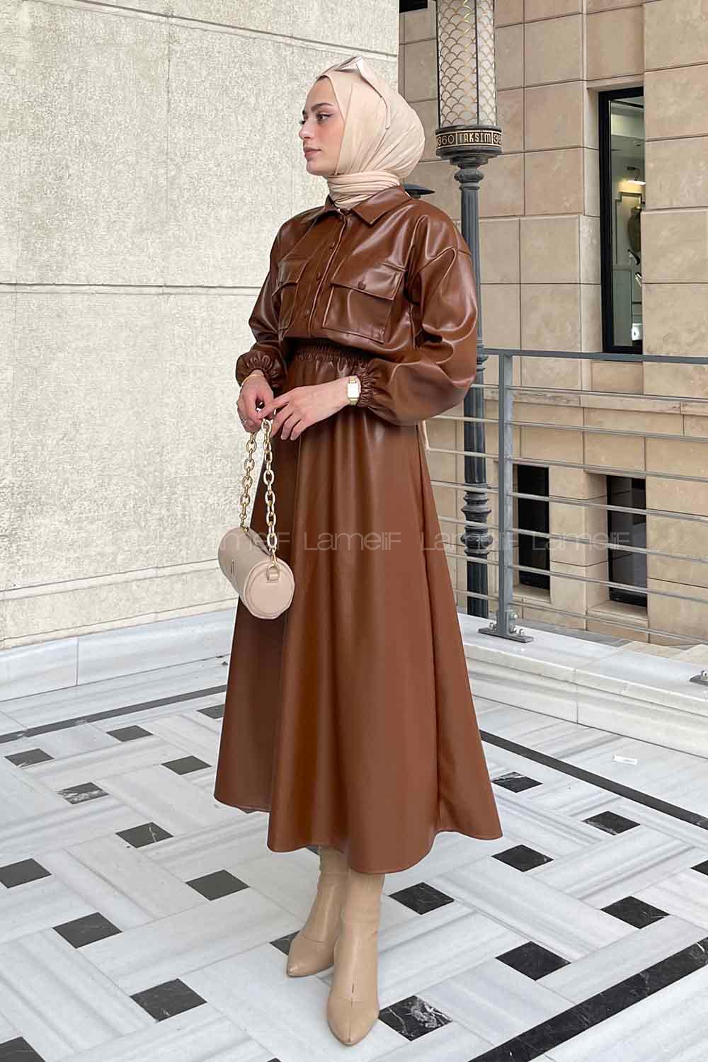 Brown Shirt Collar Long Arm Faux Leather Skirt Suit