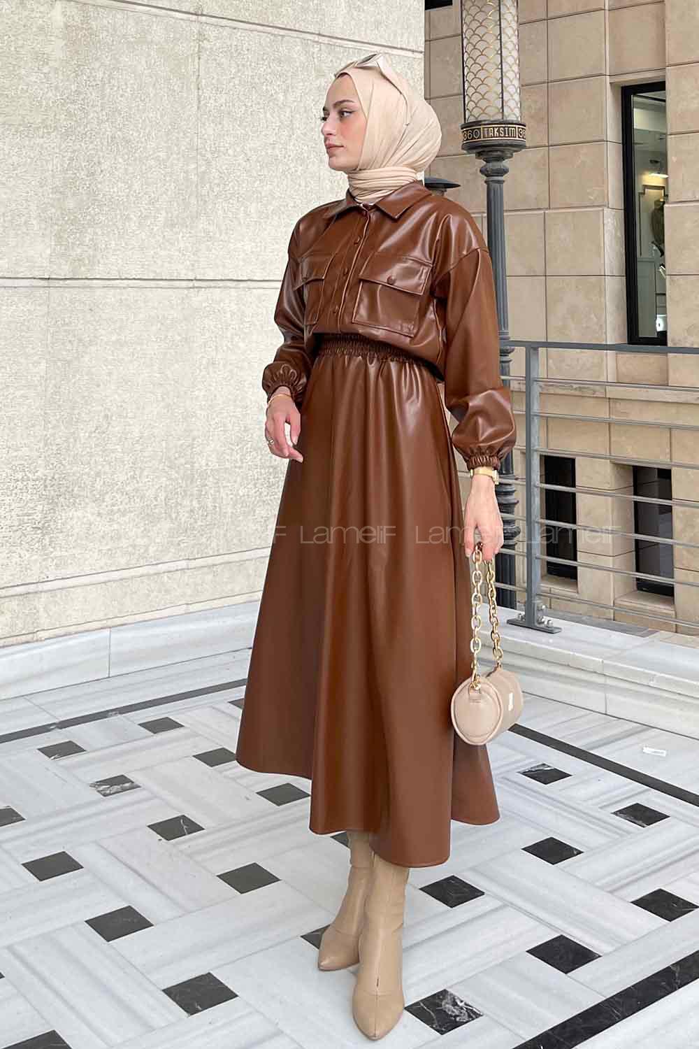 Brown Shirt Collar Long Arm Faux Leather Skirt Suit