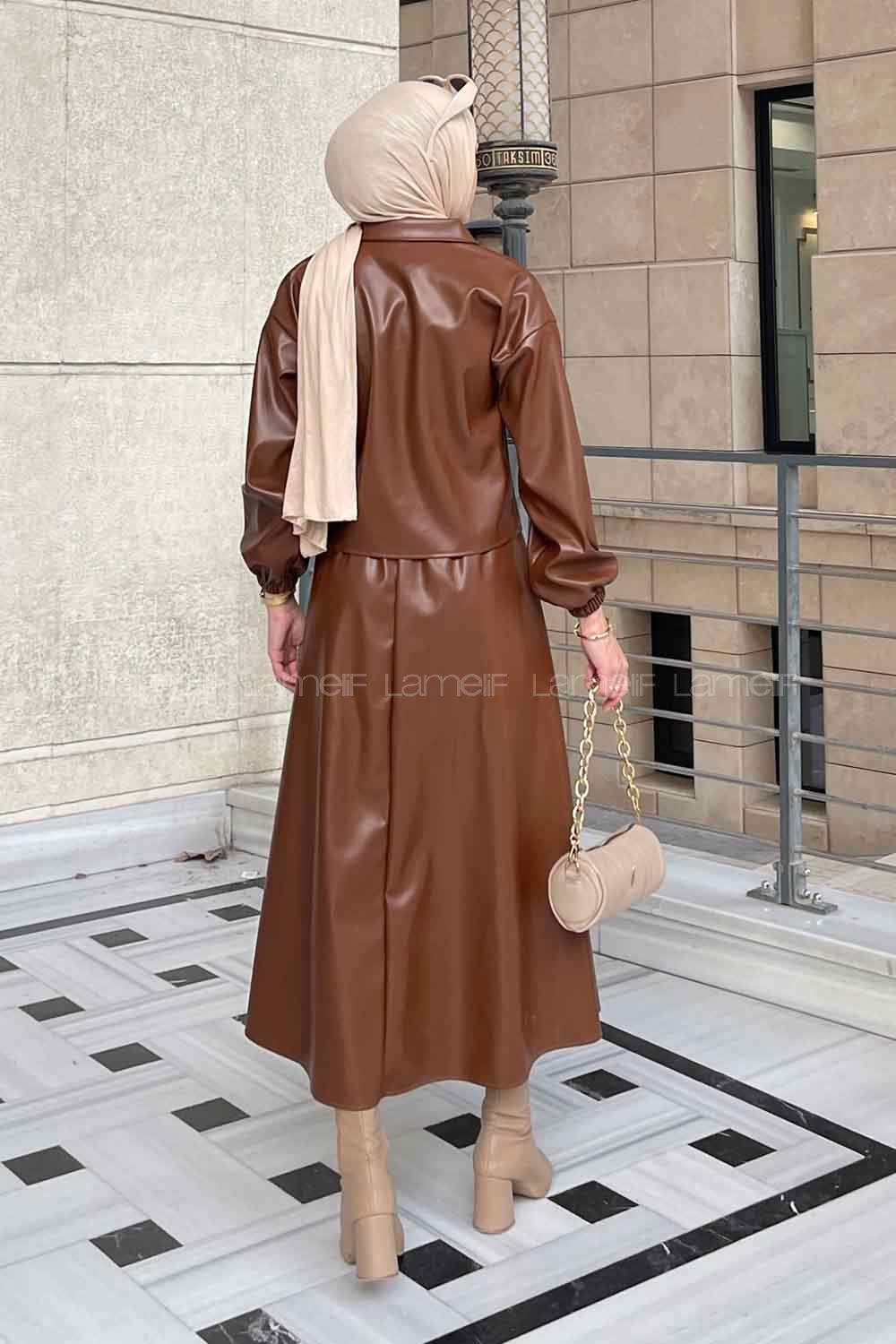 Brown Shirt Collar Long Arm Faux Leather Skirt Suit