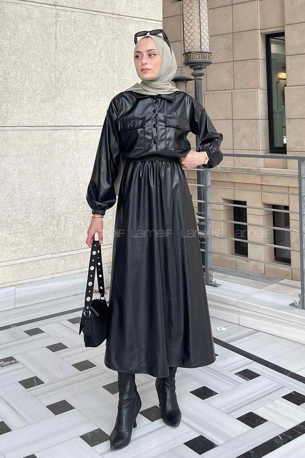 Black Shirt Collar Long Arm Faux Leather Skirt Suit