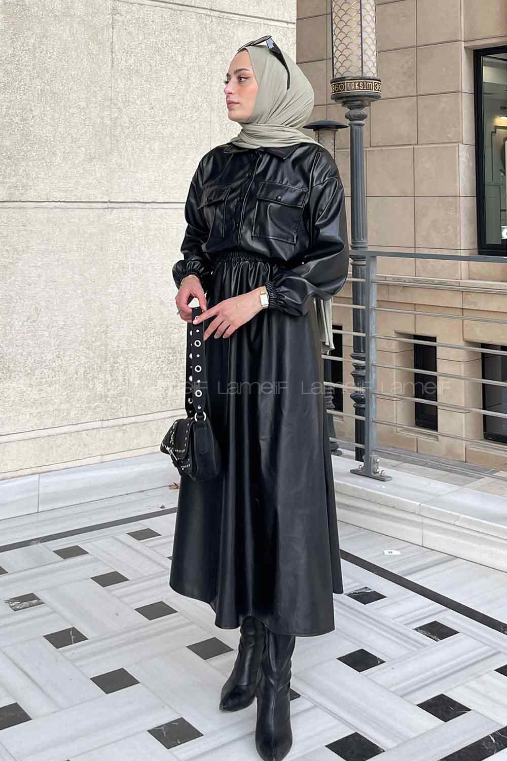 Black Shirt Collar Long Arm Faux Leather Skirt Suit