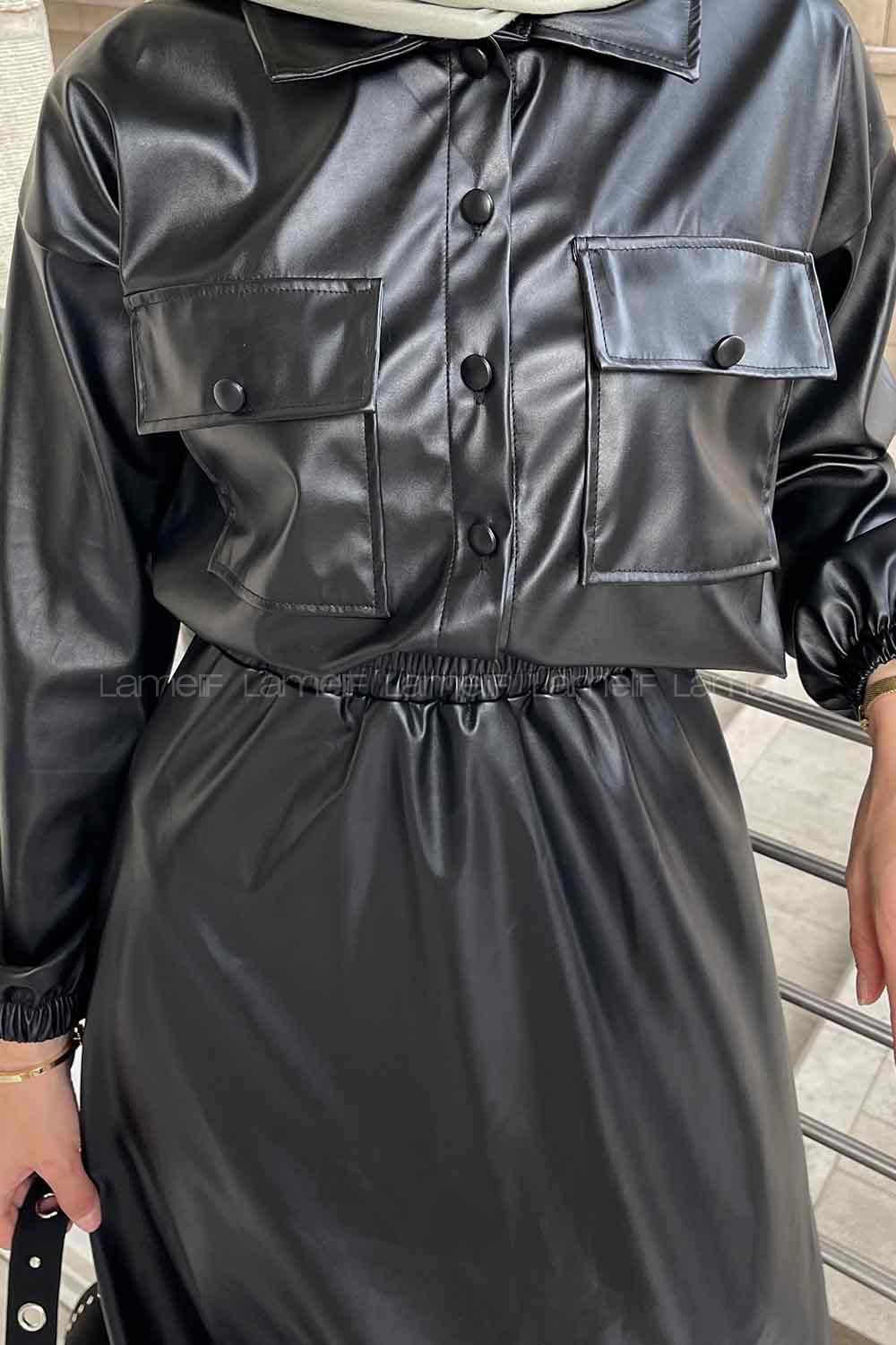 Black Shirt Collar Long Arm Faux Leather Skirt Suit