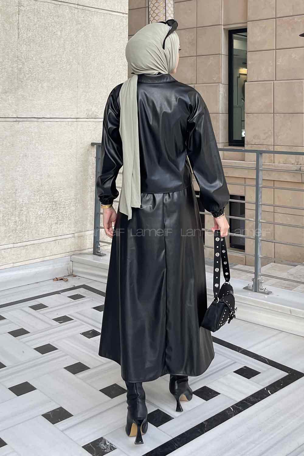 Black Shirt Collar Long Arm Faux Leather Skirt Suit