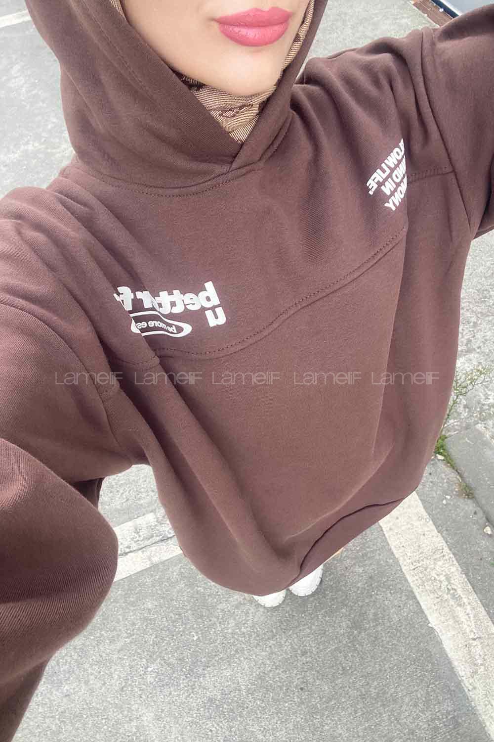 Modalamelid Dikiş Ve Yazı  Baskı Detaylı Sweatshirt Kahverengi