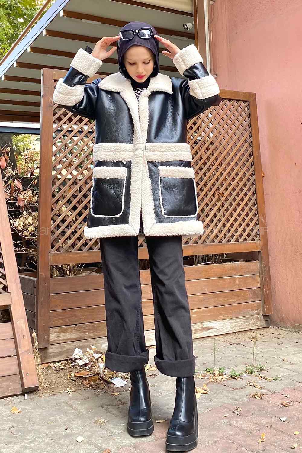 Black Lower V Neck Faux Leather Coat