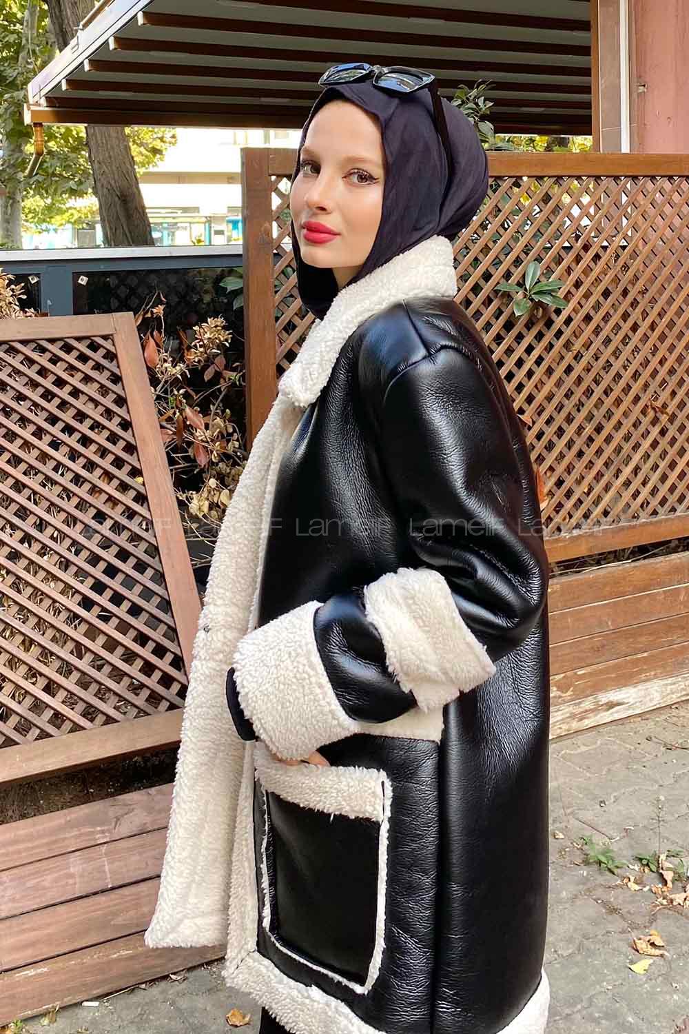 Black Lower V Neck Faux Leather Coat