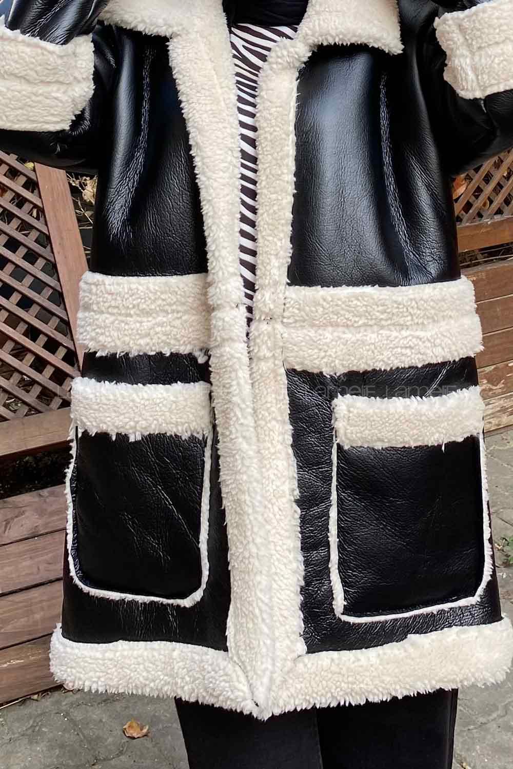 Black Lower V Neck Faux Leather Coat