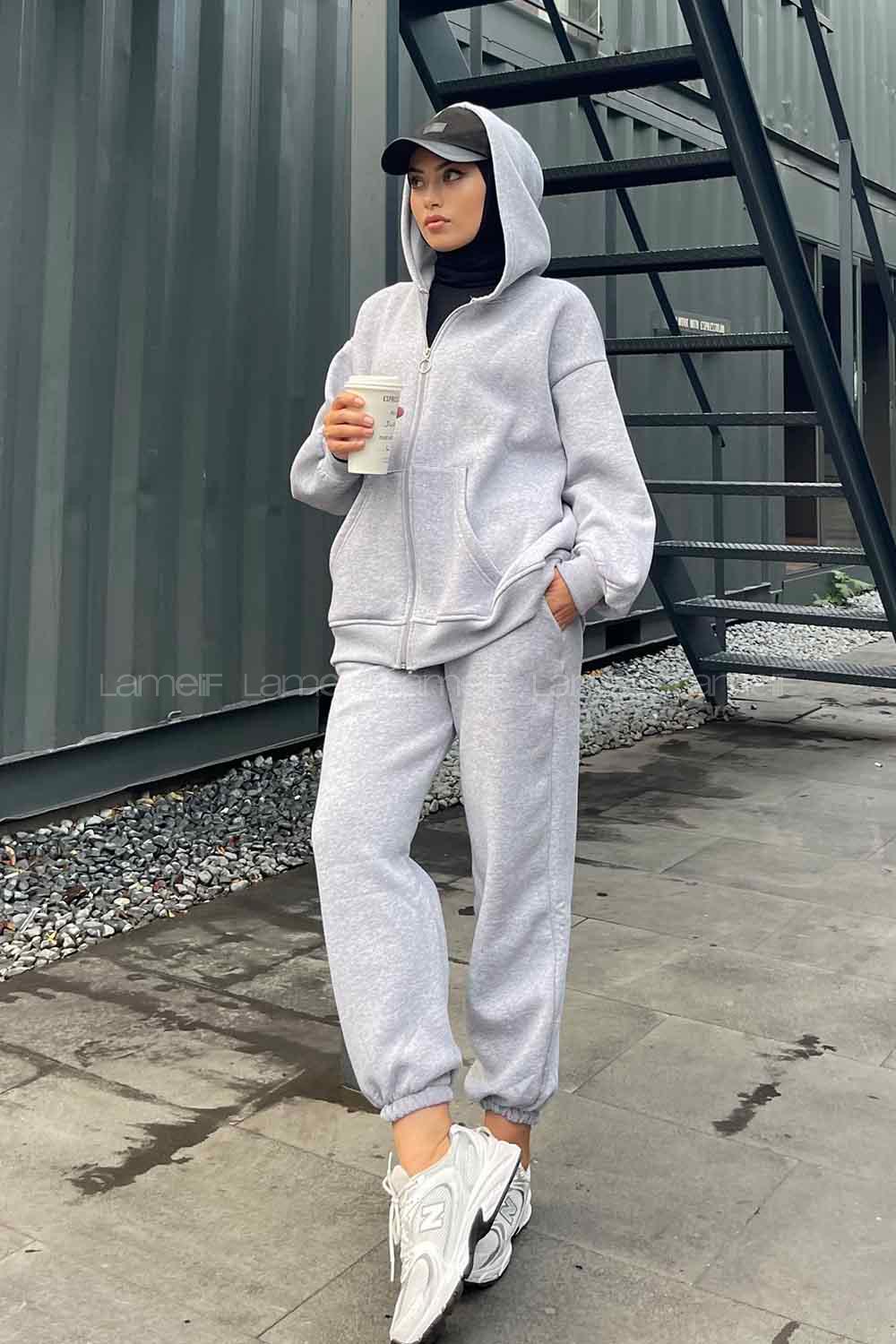 Lamelif Paça Lastikli Üç İplik Sweat Tesettür Takım Gri