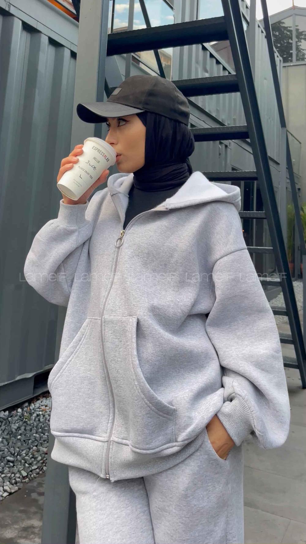 Lamelif Paça Lastikli Üç İplik Sweat Tesettür Takım Gri