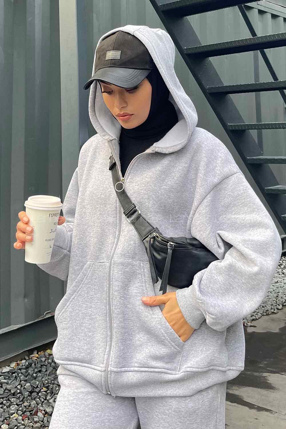 Lamelif Paça Lastikli Üç İplik Sweat Tesettür Takım Gri