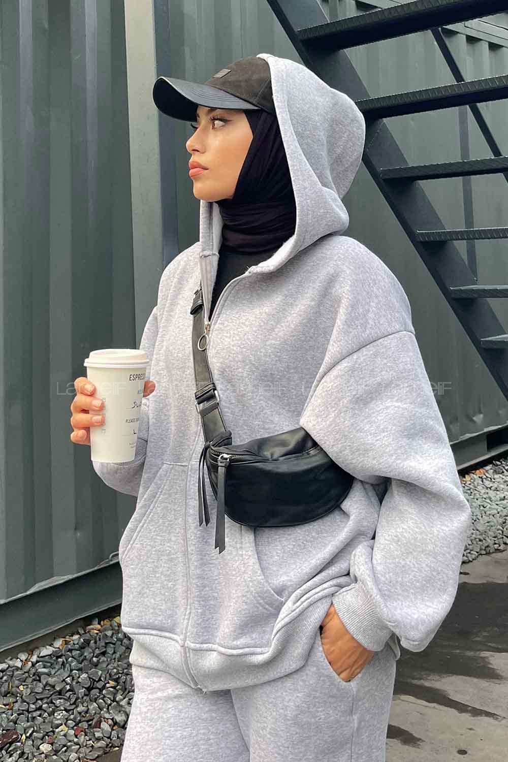 Lamelif Paça Lastikli Üç İplik Sweat Tesettür Takım Gri