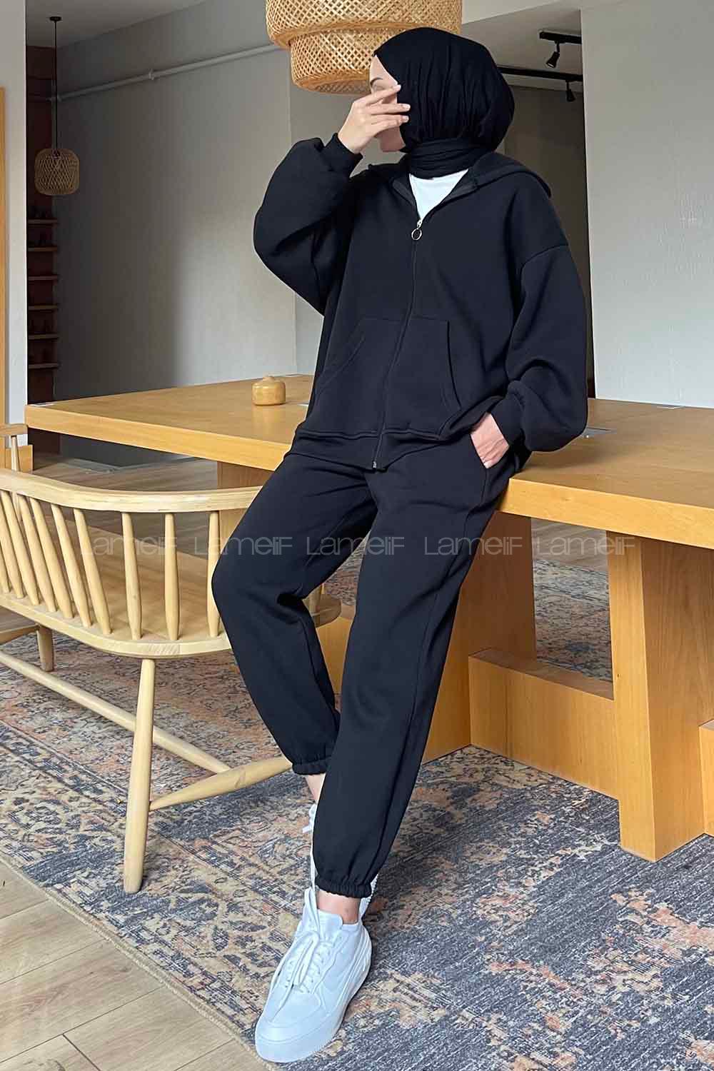 Lamelif Paça Lastikli Üç İplik Sweat Takım Siyah