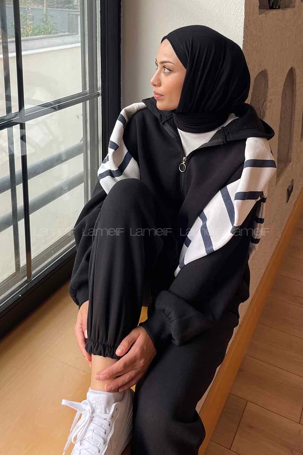 Lamelif Paça Lastikli Üç İplik Sweat Takım Siyah