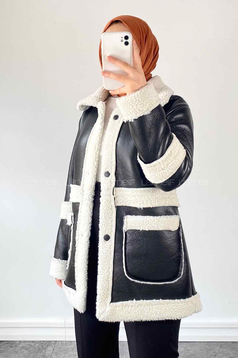 White Black Lower V Neck Faux Leather Coat