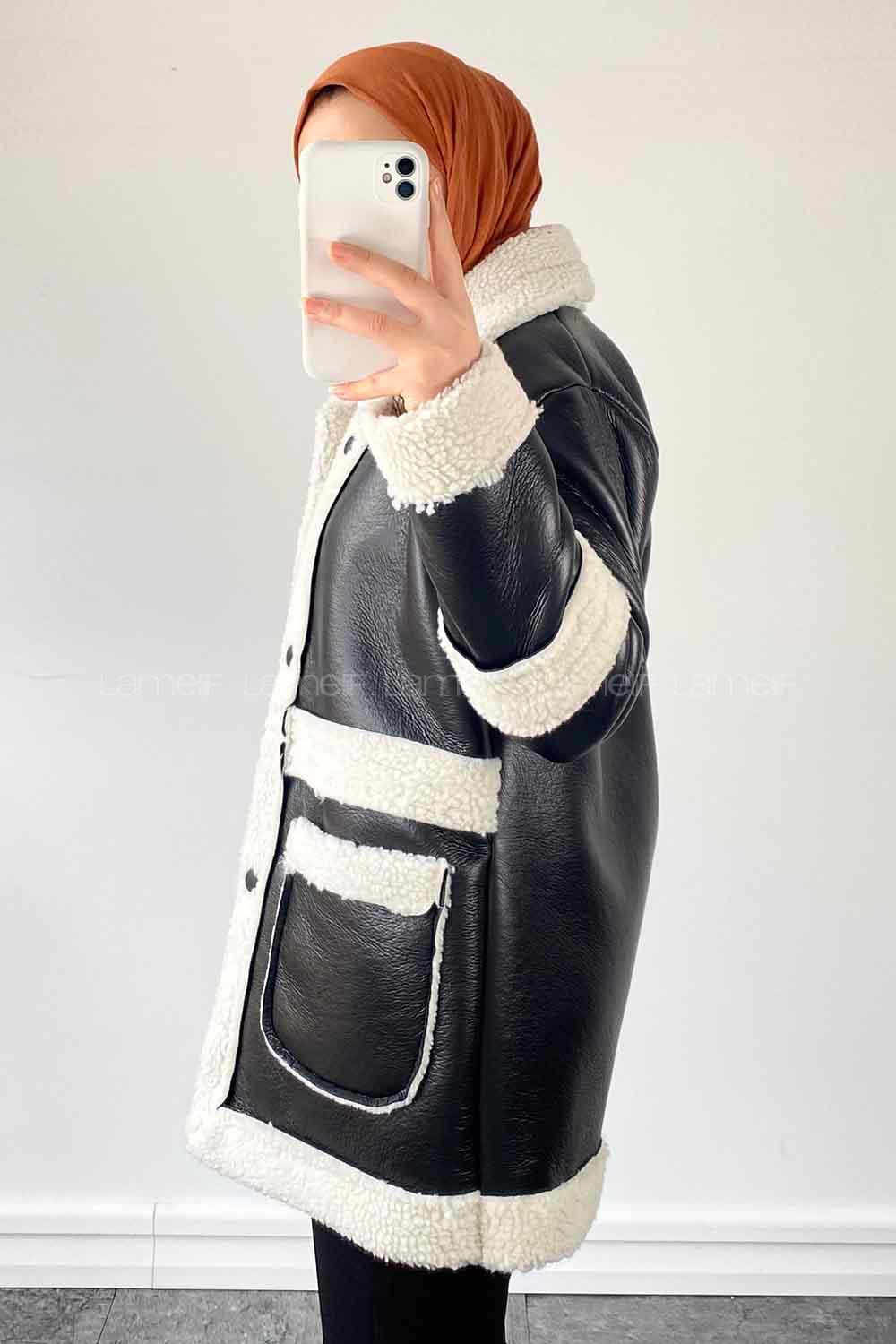 White Black Lower V Neck Faux Leather Coat
