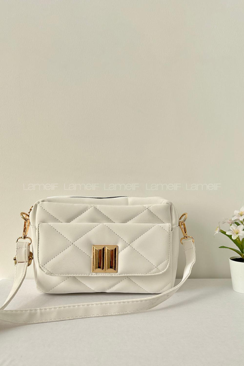 Lamelif Kapak Kilitli Vintage Çapraz Çanta Beyaz